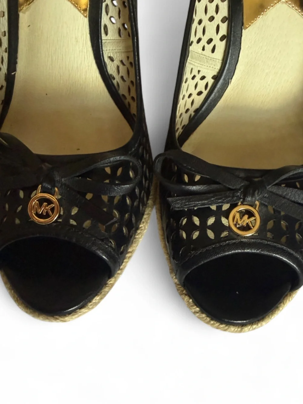 MICHAEL Michael Kors Black Perforated Peep-Toe Wedges with Gold Emblem